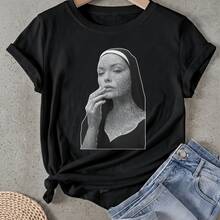 Camiseta de mujer Mona Lisa con cara tatuada Manga Corta Cuello Redondo Casual Adecuado para primavera y verano - Negro - Ver 1