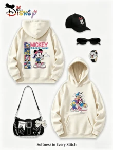 Disney Y2K Style Printed Hoodie, American Retro Style Mickey Mouse All-Star Street Style Hooded Top, Casual Style, Perfect For Holiday Gifts (Women's Autumn/Winter Clothing/Elegant Women's Outfits/Patterned Hoodies/Printed Tops/Casual Outfits For Women/Women Trending Now/Holiday Co-Ord/Plus Size Friendly) - 杏色 - 查看 1