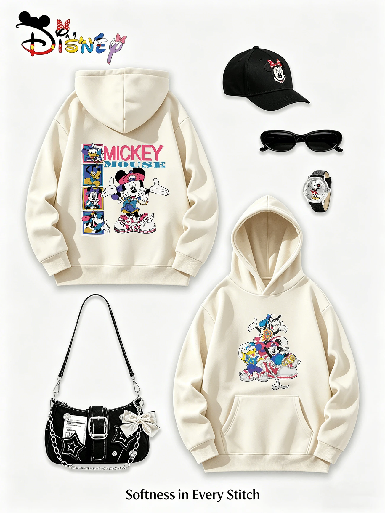 Disney Y2K Style Printed Hoodie, American Retro Style Mickey Mouse All-Star Street Style Hooded Top, Casual Style, Perfect For Holiday Gifts (Women's Autumn/Winter Clothing/Elegant Women's Outfits/Patterned Hoodies/Printed Tops/Casual Outfits For Women/Women Trending Now/Holiday Co-Ord/Plus Size Friendly) - 杏色 - 查看 1