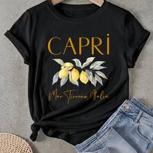 Camiseta de mujer Rama de Limón Capri Italia Manga Corta Cuello Redondo Casual Adecuado para primavera y verano - Negro - Ver 1