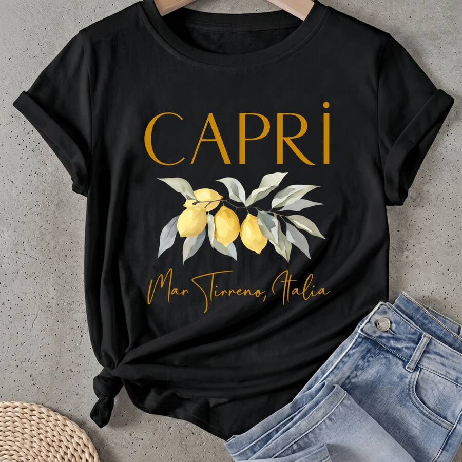 Camiseta de mujer Rama de Limón Capri Italia Manga Corta Cuello Redondo Casual Adecuado para primavera y verano - Negro - Ver 1