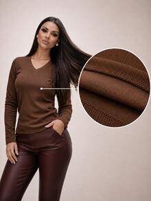 Fleece-Lined Long-Sleeved Ribbed V-Neck Blouse - Elegant, Chic, Warm, Comfortable - Autumn And Winter Fashion - Valentine's Day - 鏽棕色 - 查看 1