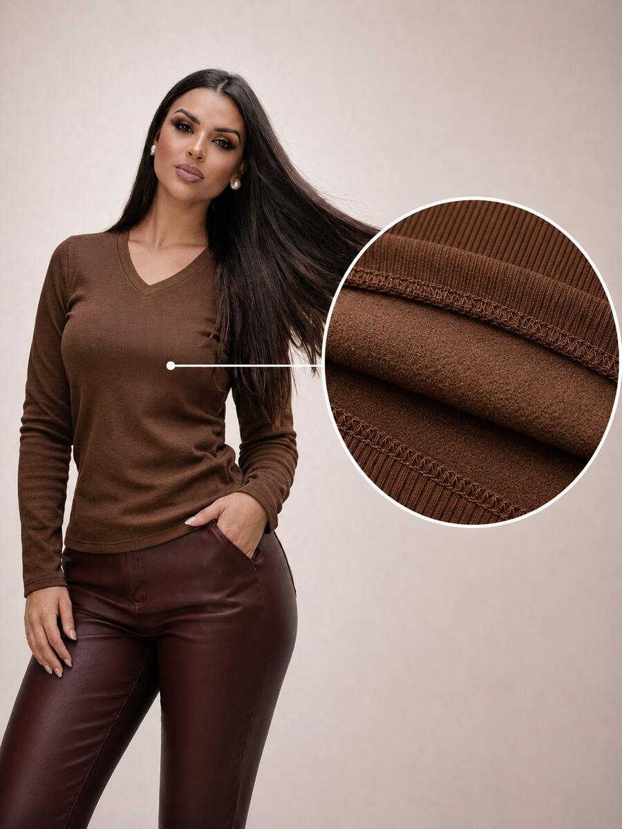 Fleece-Lined Long-Sleeved Ribbed V-Neck Blouse - Elegant, Chic, Warm, Comfortable - Autumn And Winter Fashion - Valentine's Day - 鏽棕色 - 查看 1