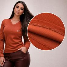 Fleece-Lined Long-Sleeved Ribbed V-Neck Blouse - Elegant, Chic, Warm, Comfortable - Autumn And Winter Fashion - Valentine's Day - 紅陶 - 查看 1