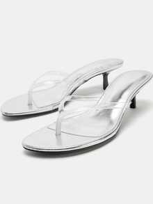 2026 Nuevas sandalias de tacón alto de verano, sandalias de tiras transparentes minimalistas y versátiles - Plateado - Ver 2