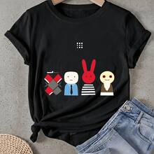 Camiseta de mujer Cuatro Caracteres En Manga Corta Cuello Redondo Casual Adecuado para primavera y verano - Negro - Ver 1