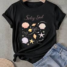 Camiseta de mujer Conchas Estrellas Perlas Olas Océano Manga Corta Cuello Redondo Casual Adecuado para primavera y verano - Negro - Ver 1