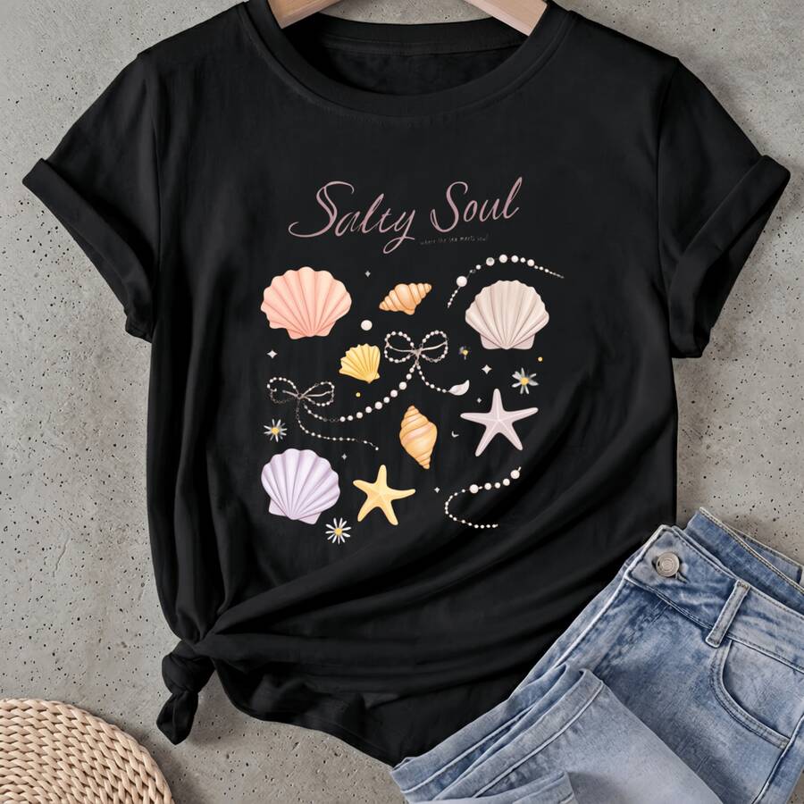 Camiseta de mujer Conchas Estrellas Perlas Olas Océano Manga Corta Cuello Redondo Casual Adecuado para primavera y verano - Negro - Ver 1