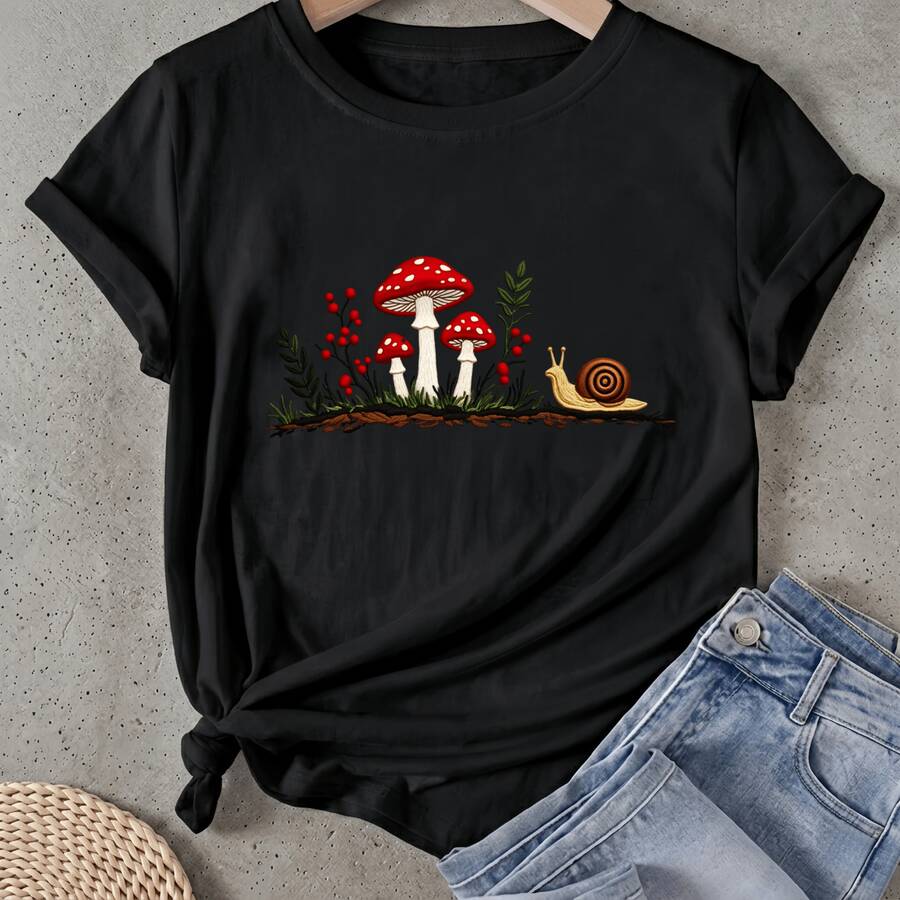 Camiseta de mujer Seta Caracol Bosque Rojo Verde Manga Corta Cuello Redondo Casual Adecuado para primavera y verano - Negro - Ver 1