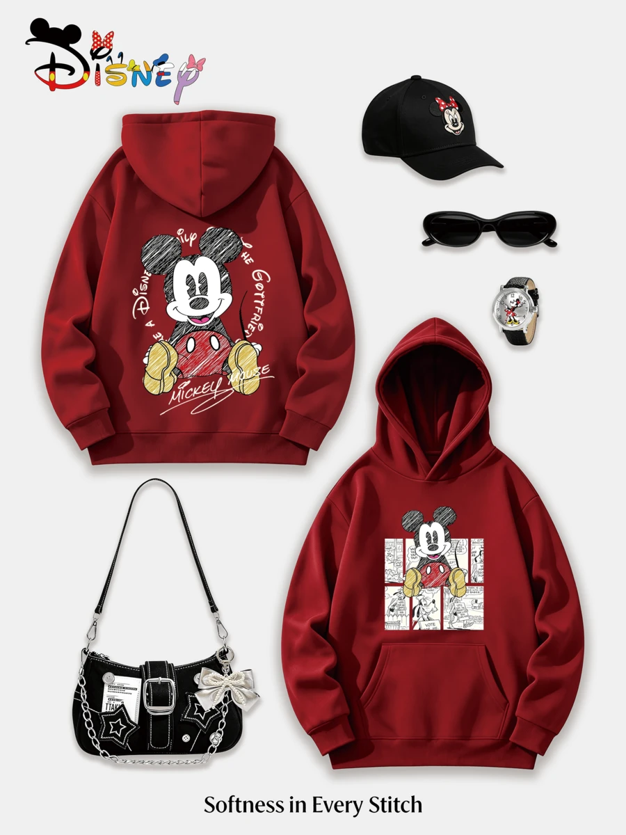 Disney Mickey Mouse Y2K Print Sweatshirt "The Boyfriend" - Fun Theme Sketch Print Loose Fit Top, Casual And Versatile For Everyday Wear. (Women's Autumn/Winter Clothing/Elegant Women's Outfits/Patterned Hoodies/Printed Tops/Casual Outfits For Women/Women Trending Now/Holiday Co-Ord) - 紅色 - 查看 1