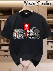 Cartoon Q-Style Clone Trooper Helmet Men's-Shirt, Dark Skull National Style Fashion Short-Sleeve Top - Black - View 2