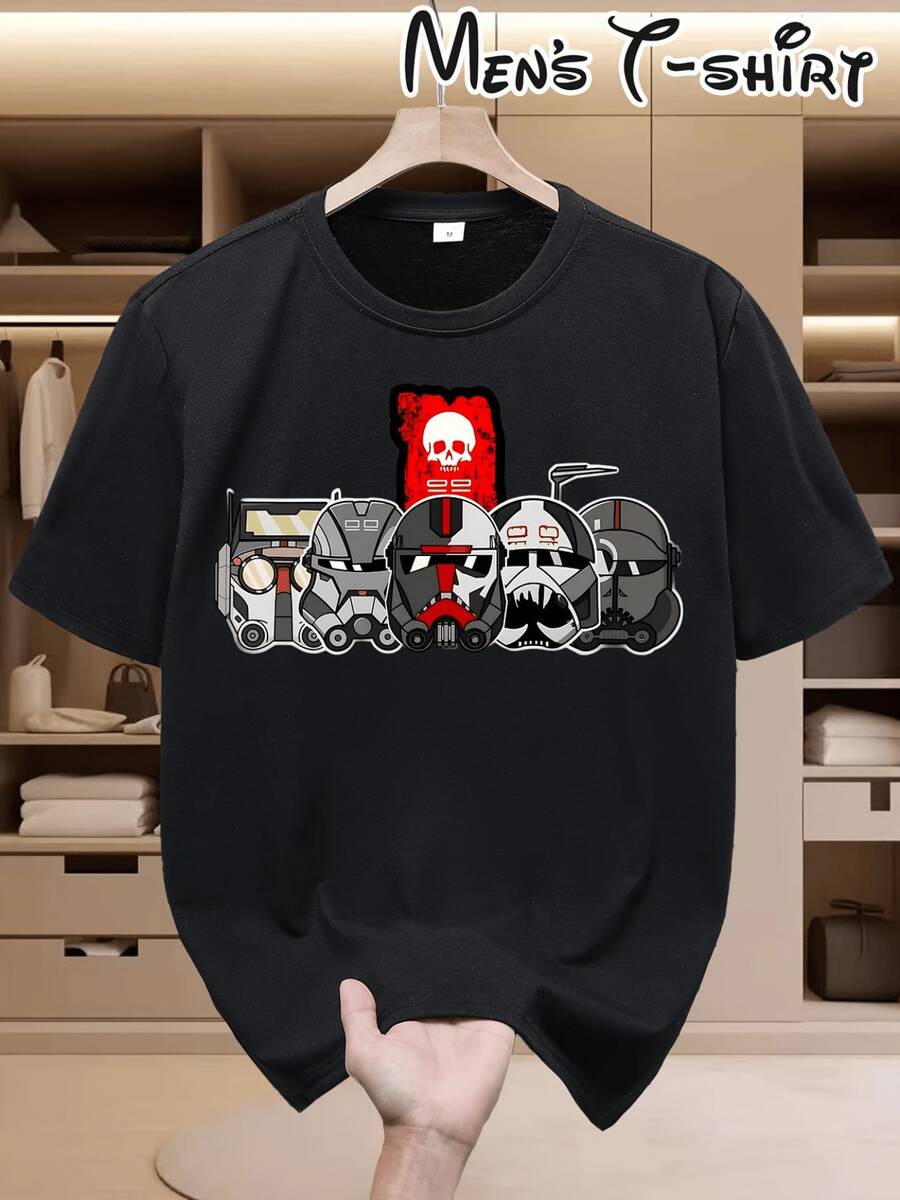 Cartoon Q-Style Clone Trooper Helmet Men's-Shirt, Dark Skull National Style Fashion Short-Sleeve Top