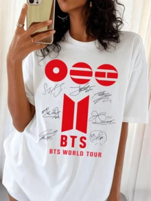 BTSS World Tour Signatures & Logo Graphic Oversized White T-Shirt, K-Pop Fan Tee - White - View 1