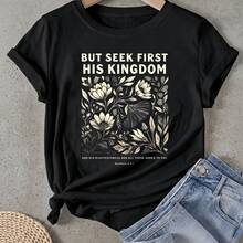 Women's T-Shirt Floral Pattern With Bible Verse Short Sleeve Round Neck Casual Suitable For Spring And Summer - Black - View 1