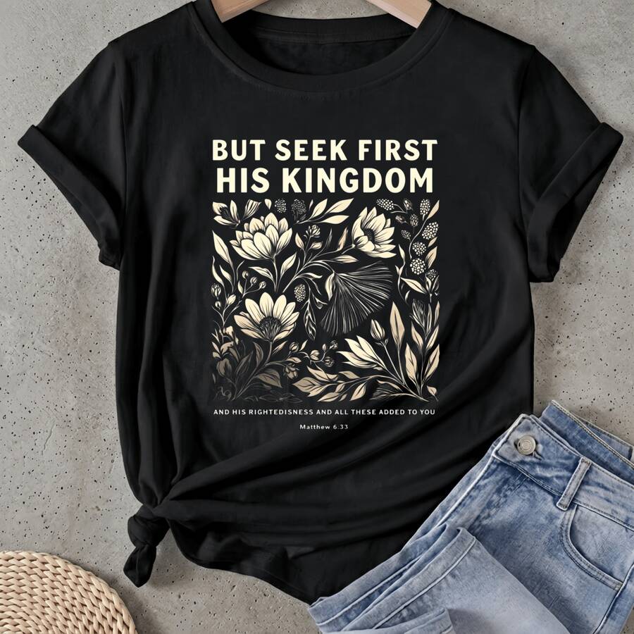 Women's T-Shirt Floral Pattern With Bible Verse Short Sleeve Round Neck Casual Suitable For Spring And Summer - Black - View 1