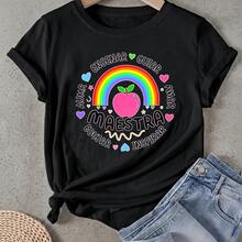 Camiseta de mujer Arcoíris Manzana Corazones Palabras Círculo Manga Corta Cuello Redondo Casual Adecuado para primavera y verano - Negro - Ver 1