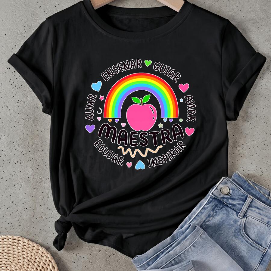 Camiseta de mujer Arcoíris Manzana Corazones Palabras Círculo Manga Corta Cuello Redondo Casual Adecuado para primavera y verano - Negro - Ver 1