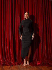 Premium Women's Long Dress With Long Sleeves, High Neck, Gathered Drape Detail, Fitted To The Body, Elegant And Sophisticated With A Side Slit, Luxury Fashion, For Parties, Weddings, Graduations, Bridesmaids, And Dinners. - màu đen - Xem 2