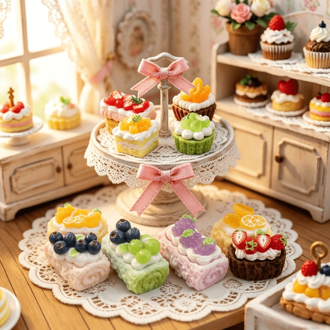 ミニチュア樹脂製スイスロールケーキ、リアルなチーズフルーツケーキ