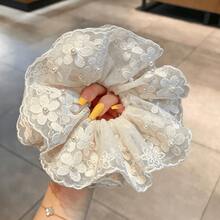 1pc Pearl Flower Lace Mesh Scrunchie, Suitable For Gentle Elegant Women For Commuting And Dating, Cream White Mesh Base With 3D Floral Embroidery Lace, Elegant Cute Country Style Bridal Hair Accessory, Soft Elastic Without Pulling Hair, Can Tie Ponytail And Bun, French Luxury Atmosphere Hair Ornament - Multicolor - View 8