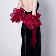 2/1 Long Puff Sleeve Oversize Ruffle Cuff Sheer Gloves Tulle Mesh Gloves ForWedding Opera Party Costume - Red - View 1