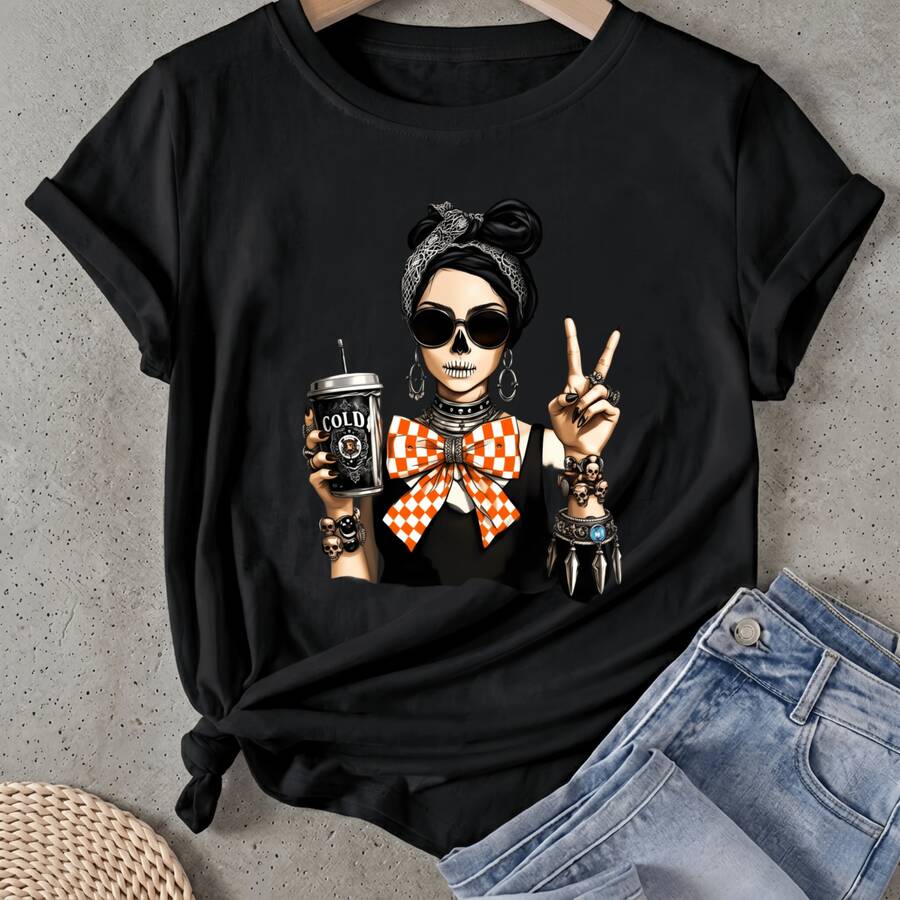 Camiseta de mujer Esqueleto Con Café Y Símbolo De Paz Manga Corta Cuello Redondo Casual Adecuado para primavera y verano - Negro - Ver 1