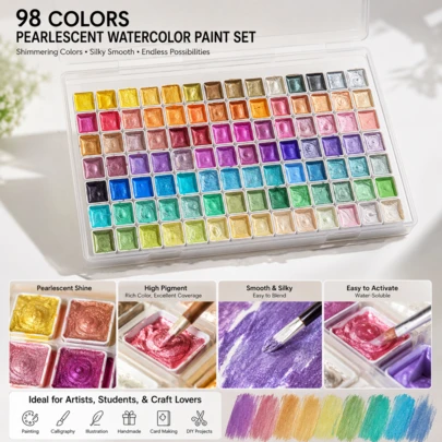 98 Color Pearl Watercolor Paint Set, Professional Metallic Watercolor Palette Suitable For Artists And Beginners, High Pigment Metallic Watercolor Paint Set For Painting, Sketching And DIY Crafts