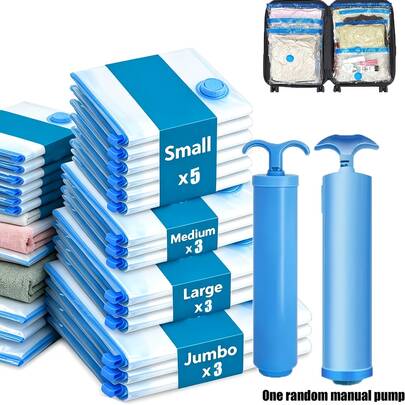 14pcs Set (5S, 3M, 101.44oz, 3XL) With Manual Pump And Vacuum Bags, Suitable For Storing Clothes, Mattresses, Blankets, Pillows And Quilts, Saving Luggage Space, Luggage Space Saver, Clothing Compression Storage, Compression Storage System