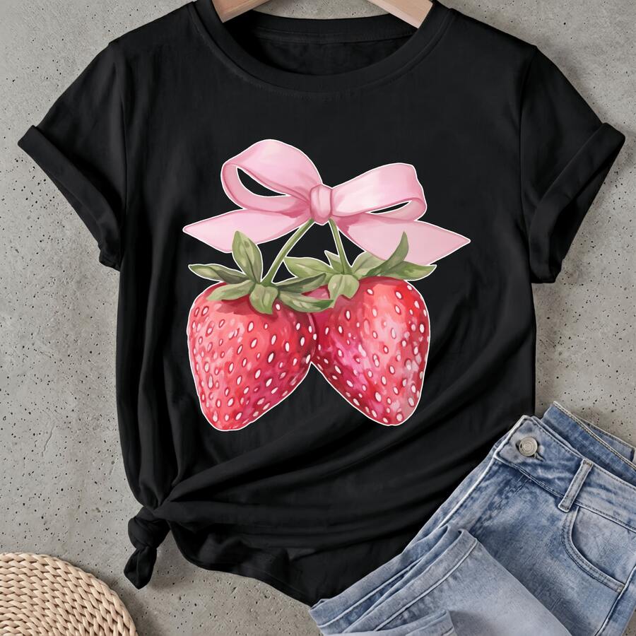 Camiseta de mujer Fresas con lazo rosa Manga Corta Cuello Redondo Casual Adecuado para primavera y verano - Negro - Ver 1