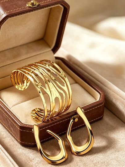1 Set minimalistischer asymmetrischer Bogen-Ohrringe & Cut Out Bangle Armband Edelstahl Schmuckset, geeignet für den täglichen Gebrauch von Frauen, Partys, den Arbeitsweg oder als Geschenk für Freunde