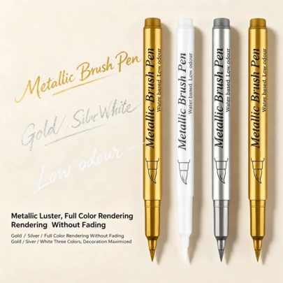4PCS Metal Soft Head Marking Pen Set With Gold, Silver, And White Metallic Gloss, Full And Colorful Appearance. The Soft Head Pen Tip Has Smooth Strokes, Low Odor Water-Based Ink Is And Low Odor, And Writing Is Not Smudging Or Fading. It Is Suitable For Black Card Hand Drawing, Manual Account Decoration, DIY Creation, And Handmade Stationery Gift Box For The New School Season