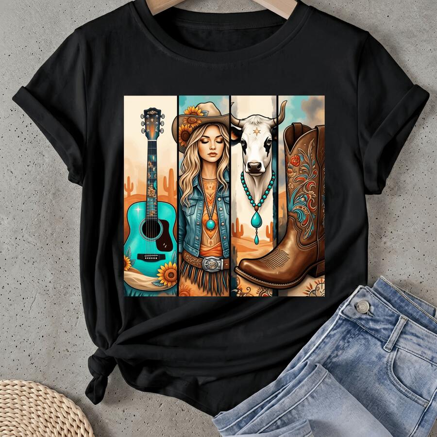 Camiseta de mujer Guitarra de vaquera Toro Botas Arte Manga Corta Cuello Redondo Casual Adecuado para primavera y verano - Negro - Ver 1