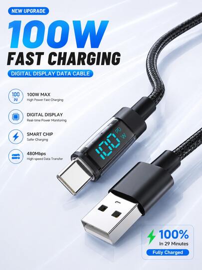 100W USB A 转 Type-C 快充线，带 LED 显示屏，编织线，适用于 Galaxy 和 ISO Pad、XM、HW 系列