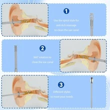 Kit portable de retrait de cérumen , cure-oreille, nettoyeur de cérumen à ressort spiral, kit de nettoyage d'oreille de taille voyage, en acier inoxydable de marque, design spiral, convient aux adultes, sans piles ni alimentation requise, nettoyeur de cérumen électrique pour le nettoyage des oreilles, outil pour adulte, accessoire de voyage essentiel. - Multicolore - Voir 6