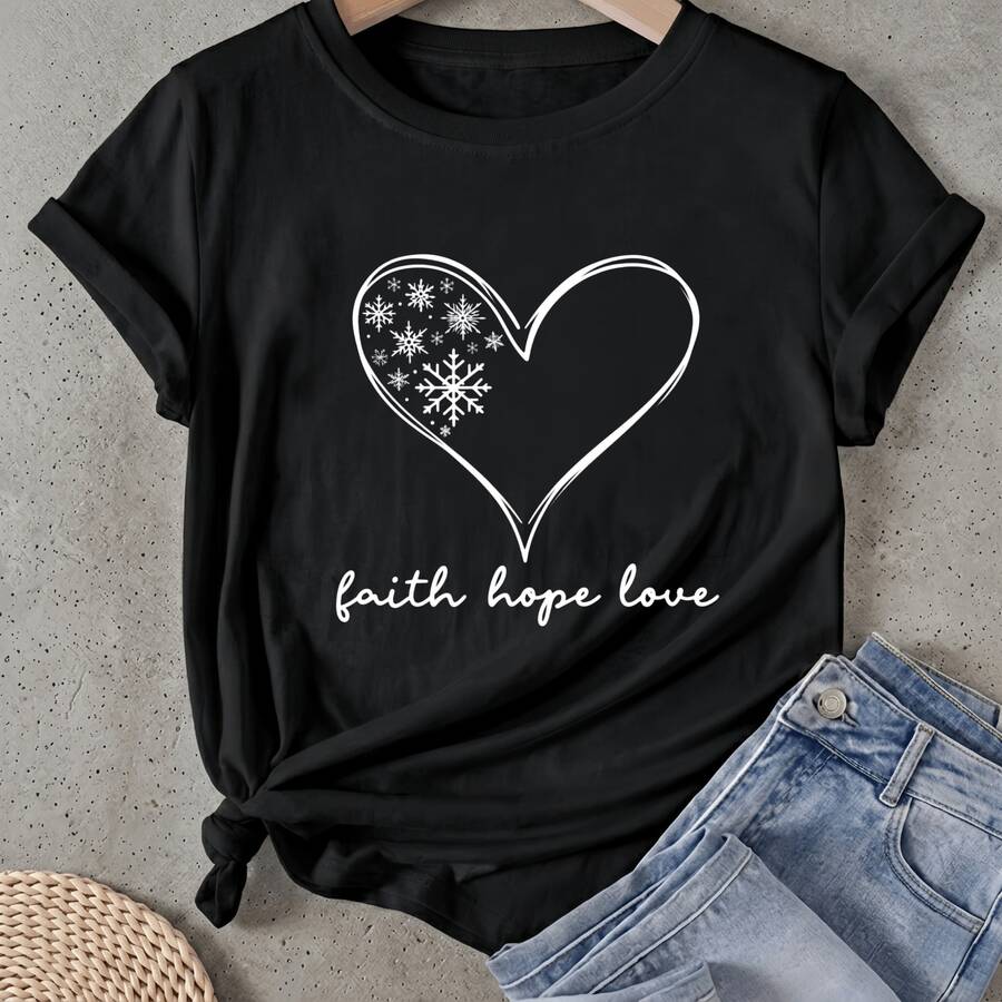 Camiseta de mujer Corazón Copo de Nieve Fe Esperanza Amor Manga Corta Cuello Redondo Casual Adecuado para primavera y verano - Negro - Ver 1