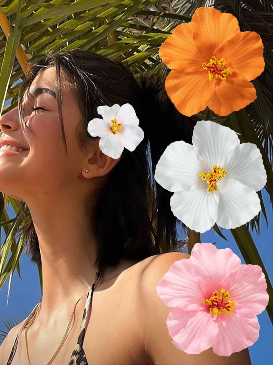 3入大號木槿花髮夾 女用 熱帶夏威夷風花朵髮夾 霧面夏季海灘髮飾 適合粗髮與細髮 度假派對美花髮夾 (橘色 白色 粉色)