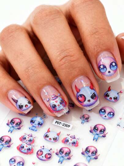 1pc Cute Cartoon Alien Nail Stickers, Self-Adhesive One-Time 3D Embossed Nail Art Decals, Nail Decorations Suitable For Women, Feet Care, Holiday Makeup