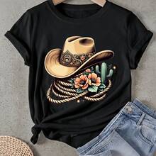 Camiseta de mujer Sombrero de vaquero Cactus Flores Soga Manga Corta Cuello Redondo Casual Adecuado para primavera y verano - Negro - Ver 1