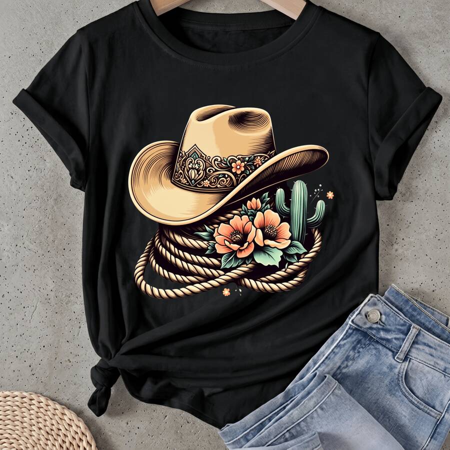 Camiseta de mujer Sombrero de vaquero Cactus Flores Soga Manga Corta Cuello Redondo Casual Adecuado para primavera y verano - Negro - Ver 1