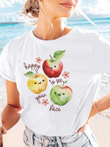 Camiseta con Estampado Gráfico Positivo de Manzana "Happy to See Your Face", Manga Corta, Cuello Redondo, Estilo Casual para Verano y Primavera, Ropa de Mujer, Adecuada para primavera, veran - Blanco - Ver 7