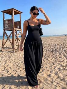 Black Maternity Spaghetti Strap Jumpsuit - Casual Sleeveless Wide Leg Loungewear With Pockets# Vest Jumpsuit # Wide Leg Jumpsuit - 黑色 - 查看 5