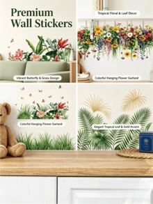 [Refreshing Mori Style] Watercolor Green Plant Floral Wall Stickers - Butterfly / Tropical Plants / Hanging Bouquet Patterns, Self-Adhesive Wall Decals For Living Room, Bedroom, Baseboard - Wall Stickers - View 7