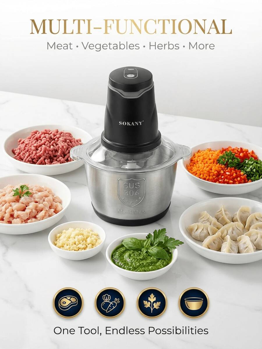 SOKANY 400W Electric Meat Grinder, 2L 304 Stainless Steel Food Chopper With 2 Speed Control, Multi-Function Mini Food Processor For Meat Vegetables Garlic, Detachable Dishwasher Bowl For Family Cooking - Silver - View 1