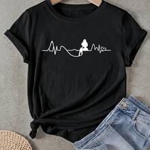 Camiseta de mujer Línea de latido con silueta Manga Corta Cuello Redondo Casual Adecuado para primavera y verano - Negro - Ver 1