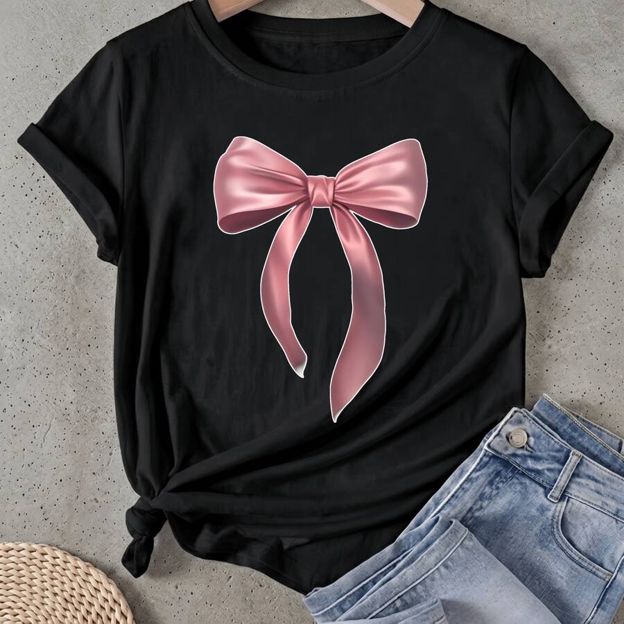 Camiseta de mujer Diseño de lazo rosa Manga Corta Cuello Redondo Casual Adecuado para primavera y verano - Negro - Ver 1