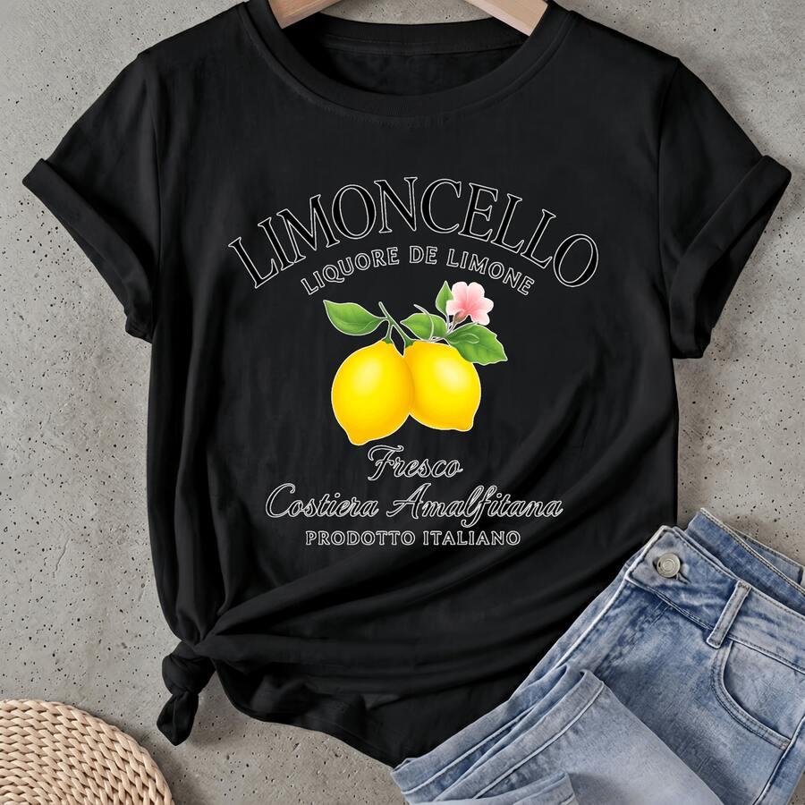 Camiseta de mujer Limoncello Líquido de Limón Fresco Amalfitana Producto Italiano Manga Corta Cuello Redondo Casual Adecuado para primavera y verano - Negro - Ver 1