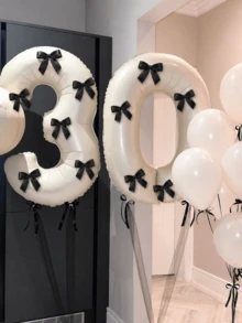 1套大號奶油白色數字氣球套組，含1個「0-9」數字生日氣球與5個黑色緞面蝴蝶結，適用於生日派對、婚禮、週年紀念、新年、節慶、開學季及其他場合 - 乳白色 - 查看 3