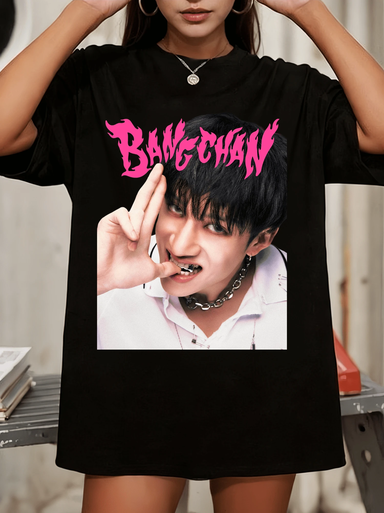 BANGCHAN StraySKidsS Rock Star Vintage 90s Bootleg T-Shirt Retro K-Pop Graphic Tee - Black - View 1