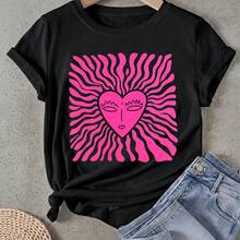 Camiseta de mujer Corazón Rosa con Líneas Onduladas Manga Corta Cuello Redondo Casual Adecuado para primavera y verano - Negro - Ver 1