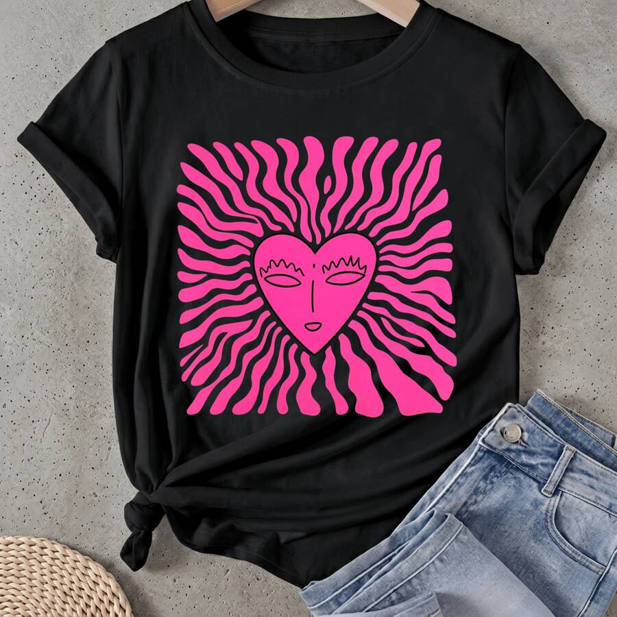 Camiseta de mujer Corazón Rosa con Líneas Onduladas Manga Corta Cuello Redondo Casual Adecuado para primavera y verano - Negro - Ver 1